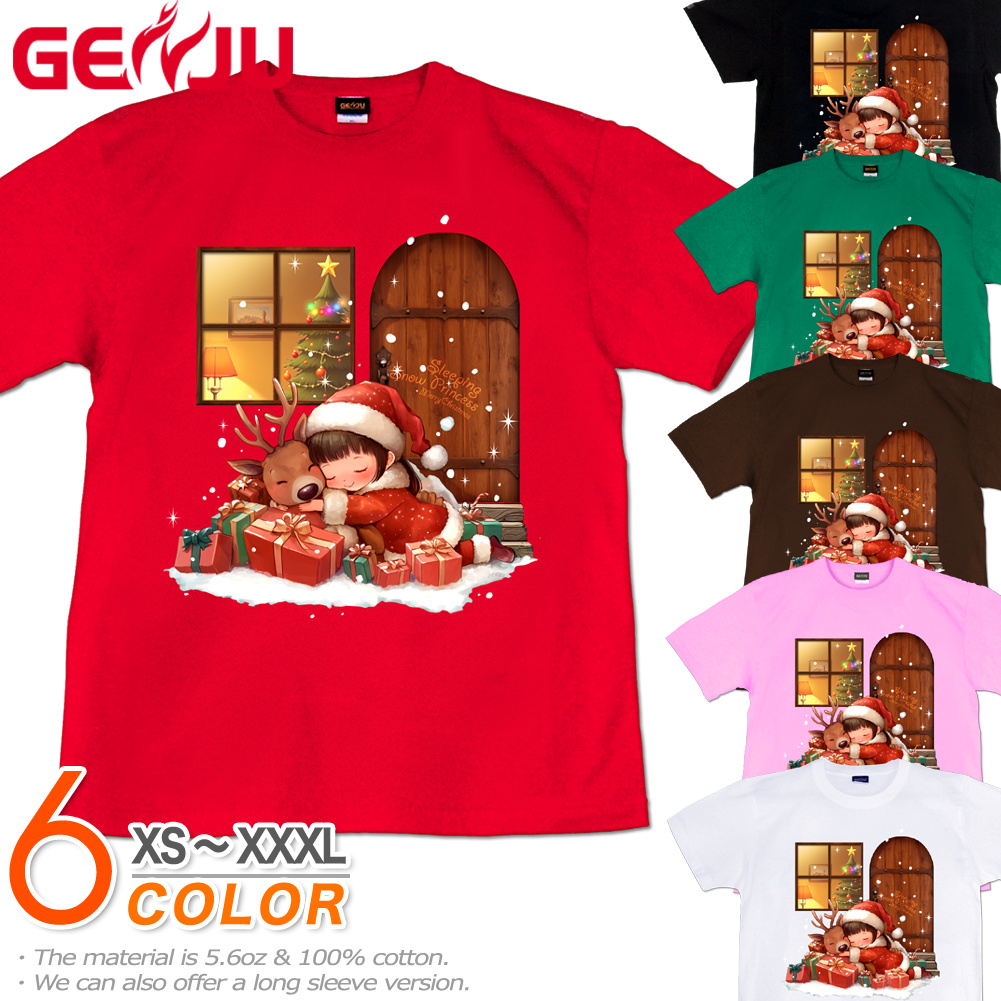 GENJU クリスマス サンタクロース スポーツジム トナカイ メンズ レディース Tシャツ 半袖 長袖 Sleeping little princess 大きめサイズあり XXL XXXL 2L 3L 4L