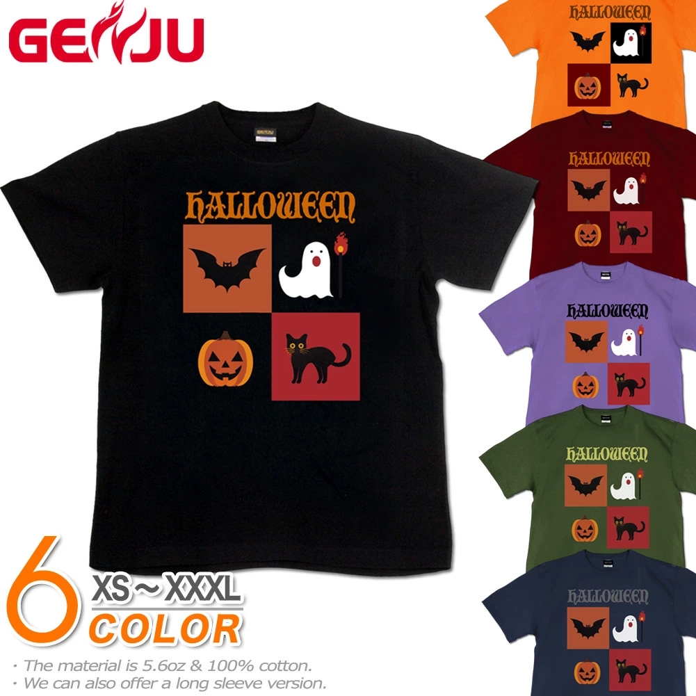GENJU ハロウィン かぼちゃ お化け 黒猫 コウモリ スポーツジム メンズ レディース Tシャツ 半袖 長袖 Halloween Classic 大きめサイズあり XXL XXXL 2L 3L 4L