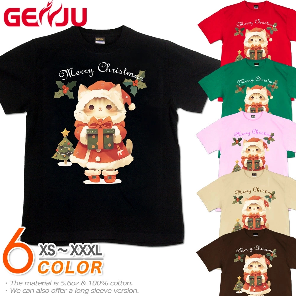 GENJU クリスマス ツリー 猫 サンタクロース 仮装 パーティー メンズ レディース Tシャツ 半袖 長袖 present for you 大きめサイズあり XXL XXXL 2L 3L 4L