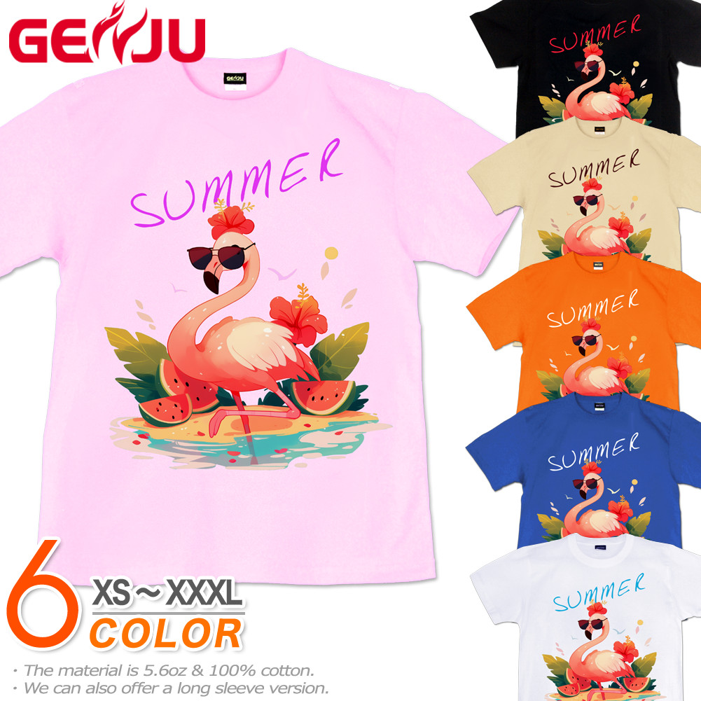 GENJU フラミンゴ メンズ レディース アニマル 動物 動物園 Tシャツ 半袖 長袖 SummerPink 大きめサイズあり XXL XXXL 2L 3L 4L